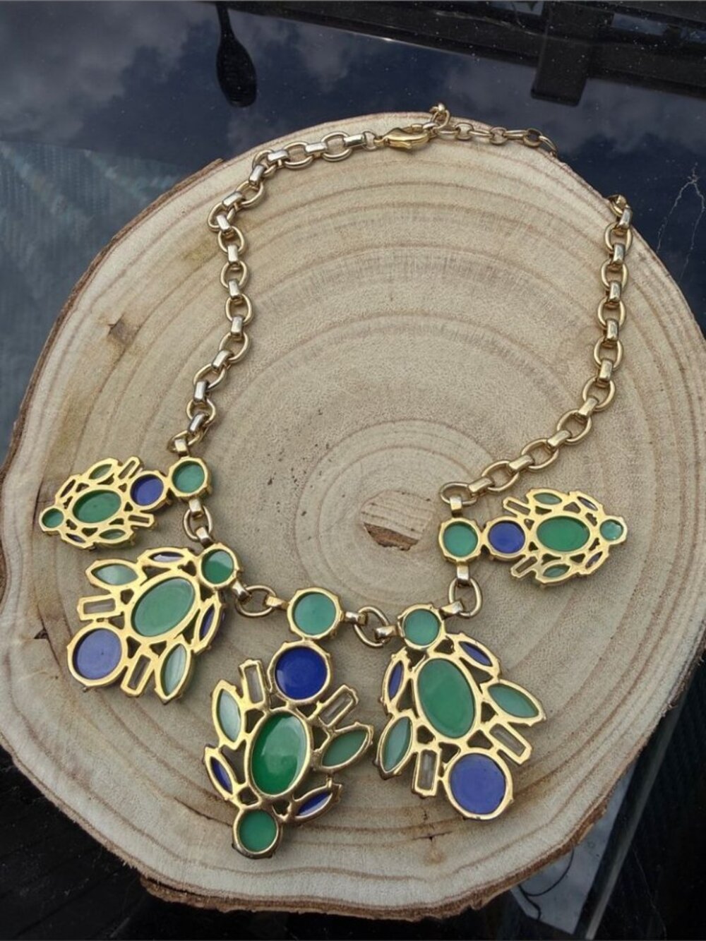 Stella & Dot Gold Tone Green Blue Rhinestone Statement Necklace - Picture 3 of 5
